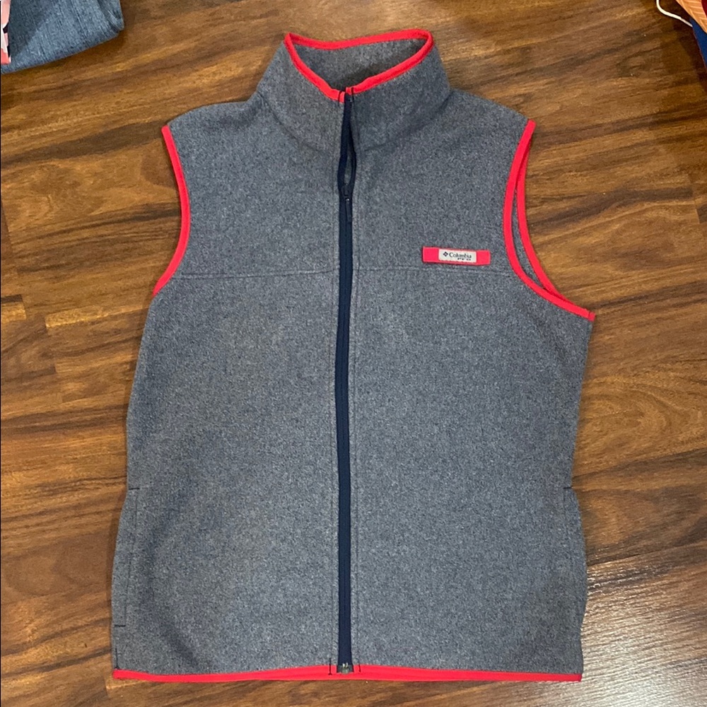 Columbia Gray Fleece Vest with Red Trim